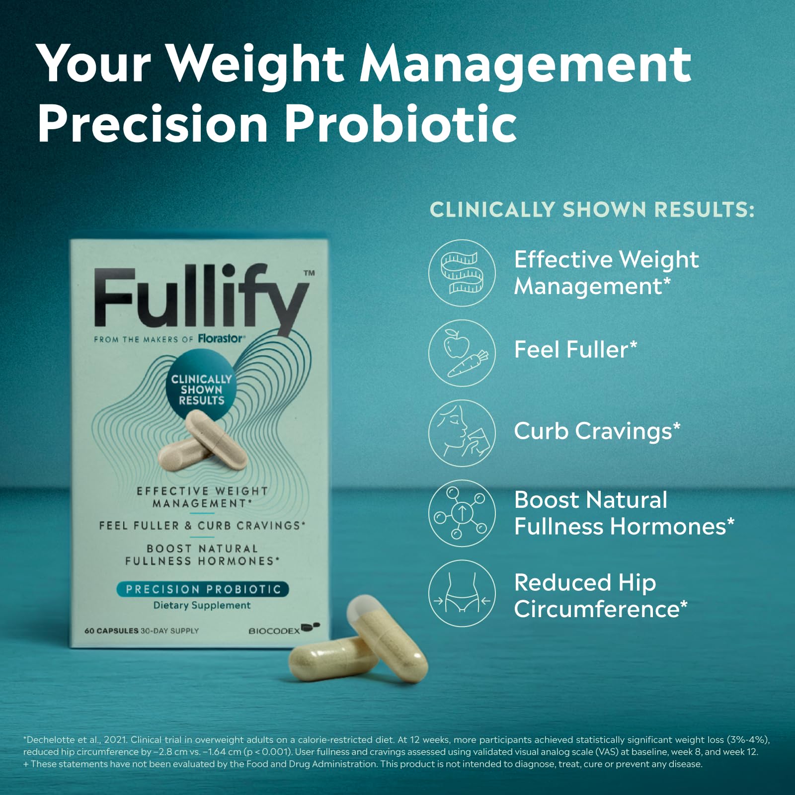 Fullify two-capsules-daily-dose shown as part of a weight management routine.