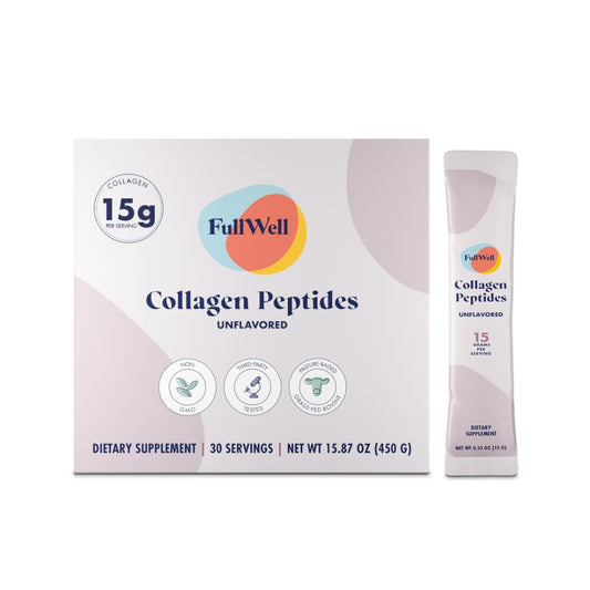 FullWell hydrolyzed collagen stick pack travel image showing on-the-go convenience.
