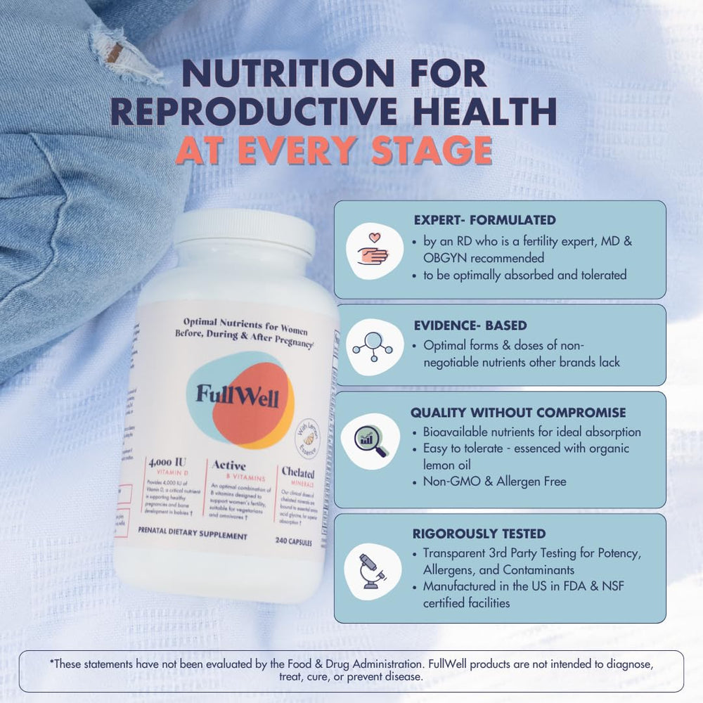 FullWell Dietitian-formulated prenatal label communicates professional oversight.