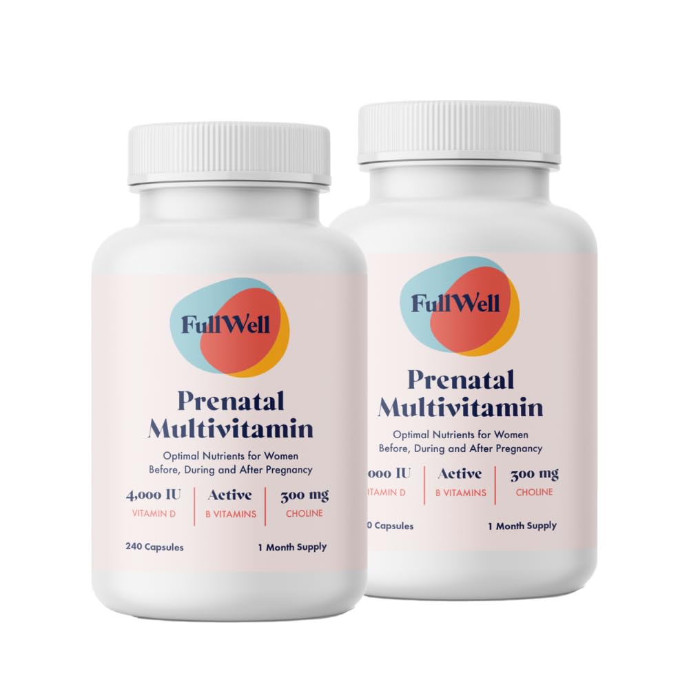 FullWell Prenatal Multivitamins bottle on a counter for daily prenatal nutrition.