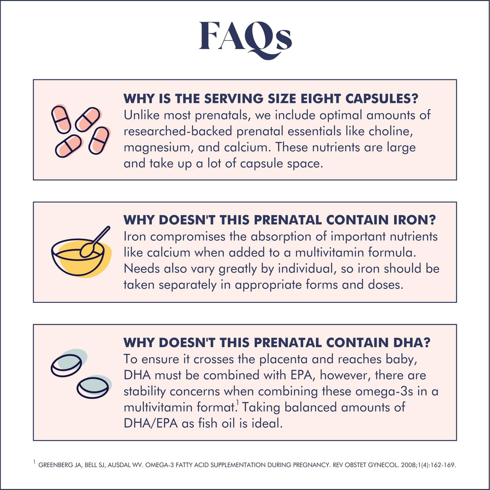 Choline-focused FullWell Prenatal Multivitamins ingredient panel for key nutrients.