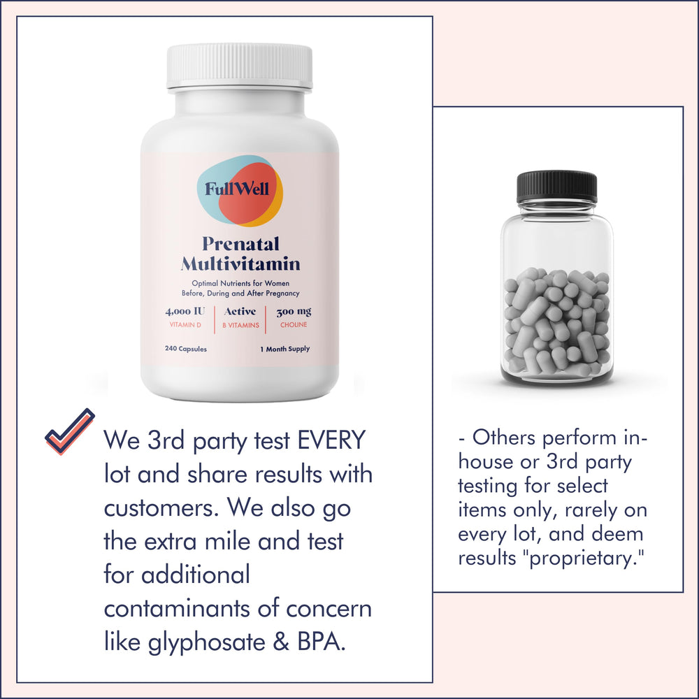 Third-party testing seal on FullWell Prenatal Multivitamins indicates safety checks.