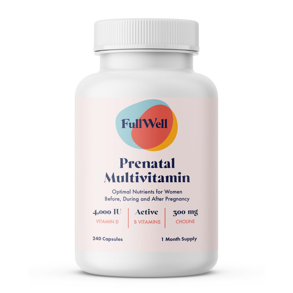 FullWell Prenatal vitamins bottle front shows trusted pregnancy support