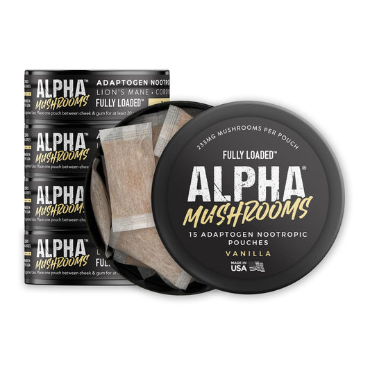 Fully Loaded Alpha Mushroom Pouches vanilla pack shot for convenient focus support.
