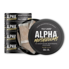 Fully Loaded Alpha Mushroom Pouches vanilla pack shot for convenient focus support.