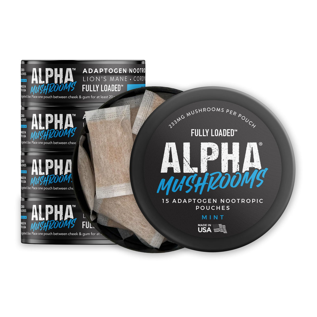 Fully Loaded Alpha Mushrooms mint can front, portable focus on the go.