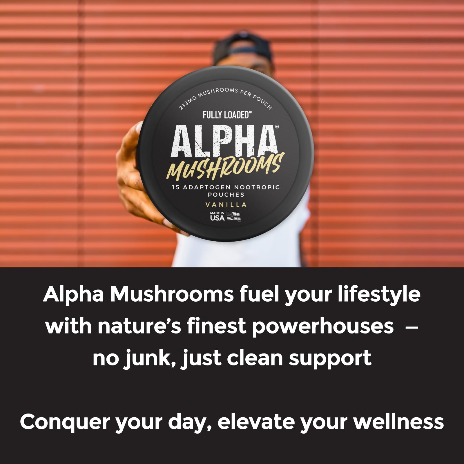 Fully Loaded Alpha Mushrooms pouch closeup, compact cognitive support.