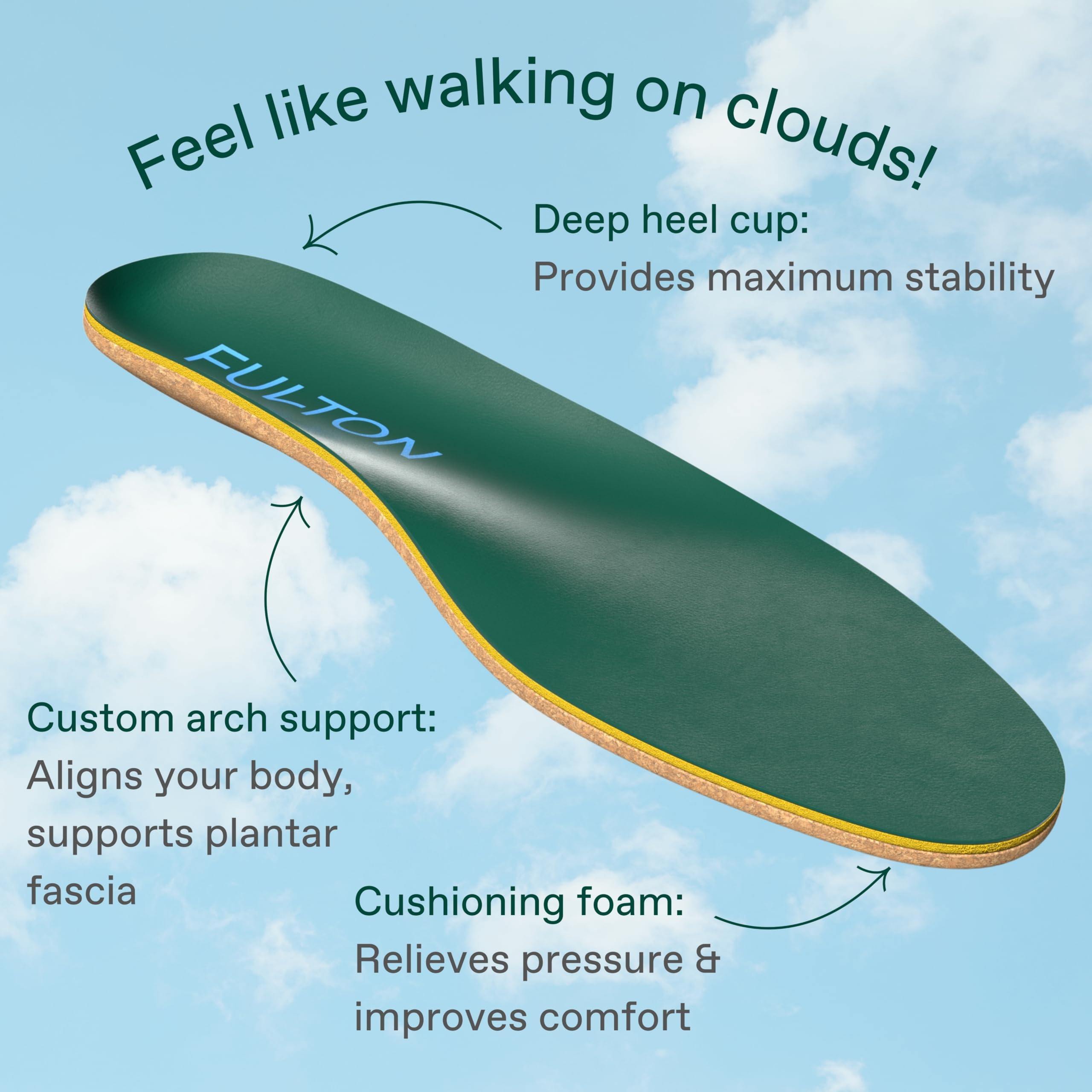Fulton cork arch-support insoles inside a shoe provide steady arch support.