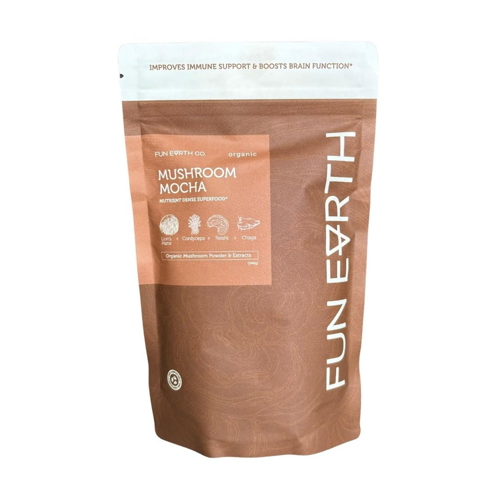 Fun Earth Mushroom Mocha jar showing the blend for quick daily use and aroma