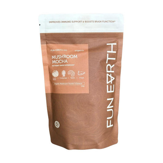 Fun Earth Mushroom Mocha jar showing the blend for quick daily use and aroma