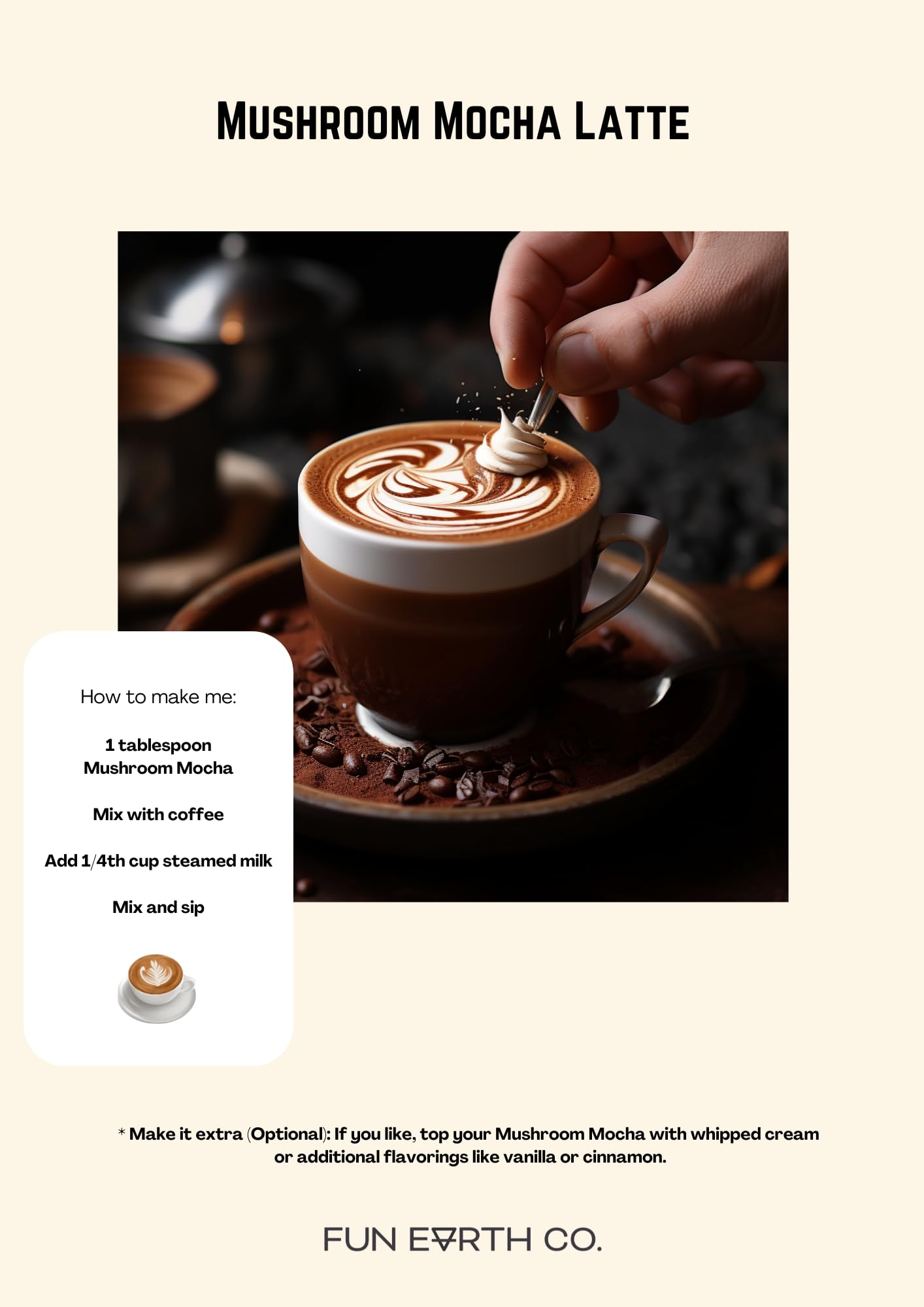 Fun Earth Mushroom Mocha label with ingredient list and uses at a glance