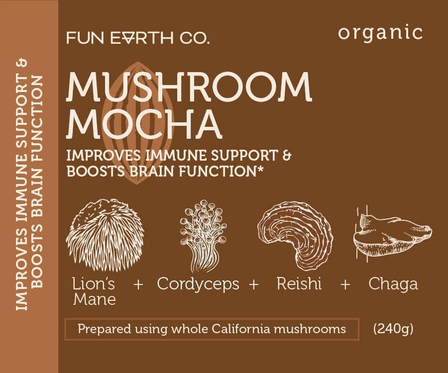 Fun Earth Mushroom Mocha powder ready to mix into hot water or coffee