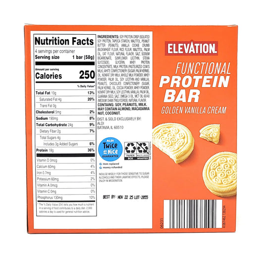 Functional Protein Bar Golden Vanilla Cream bar shot: creamy flavor ideal for post-workout recovery.