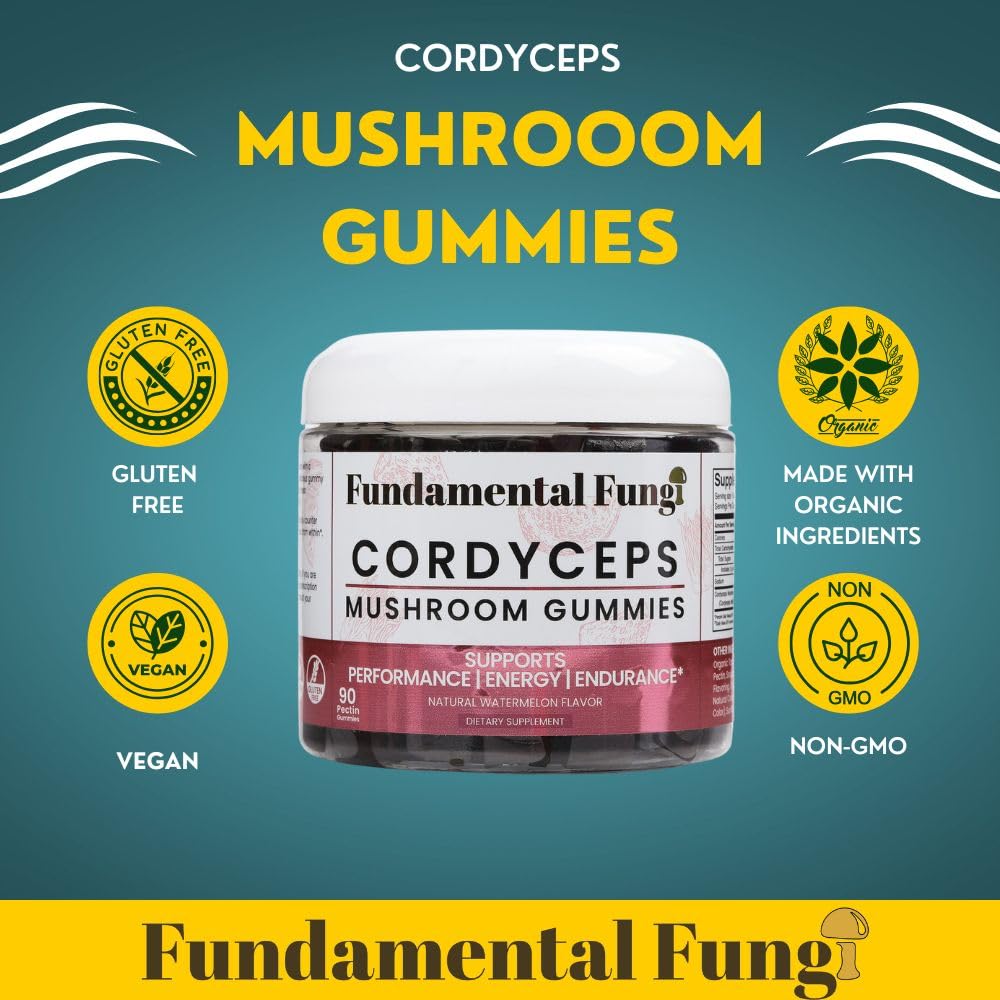 Fundamental Fungi Cordyceps Gummies closeup shows chewy texture for easy consumption