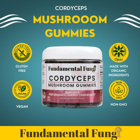 Fundamental Fungi Cordyceps Gummies closeup shows chewy texture for easy consumption