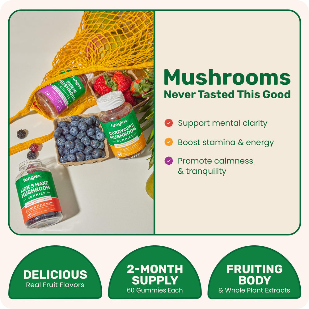 Fungies Cordyceps gummy bottle showcases energy-boosting potential.