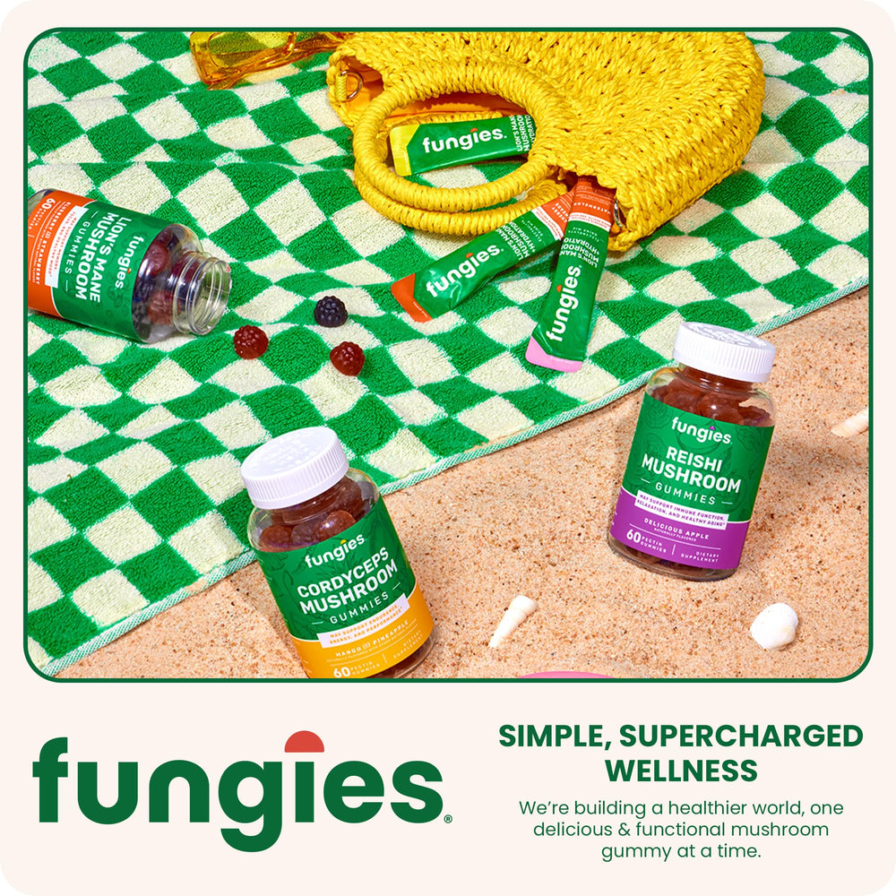 Fungies open bottle with pour-ready gummies arranged.
