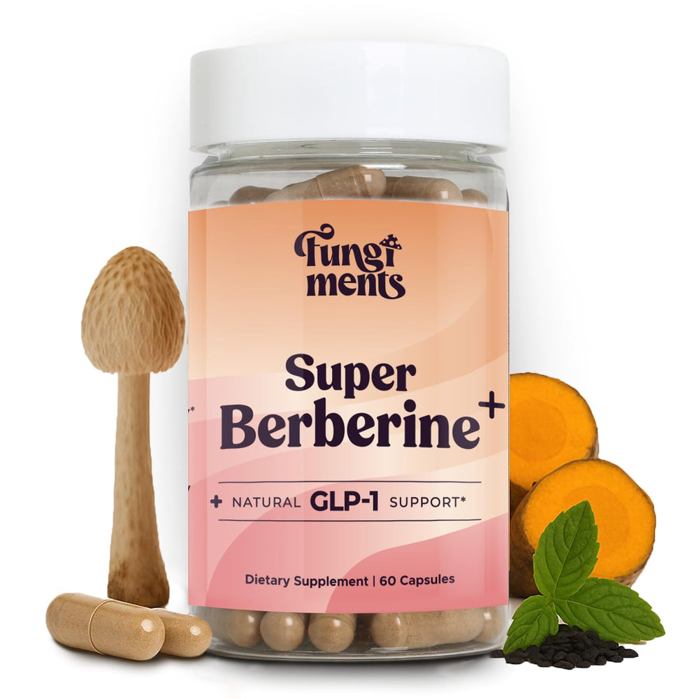 Fungiments Super Berberine bottle pouring, illustrating GLP-1 support and metabolism balance.