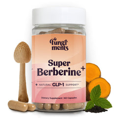 Fungiments Super Berberine bottle pouring, illustrating GLP-1 support and metabolism balance.