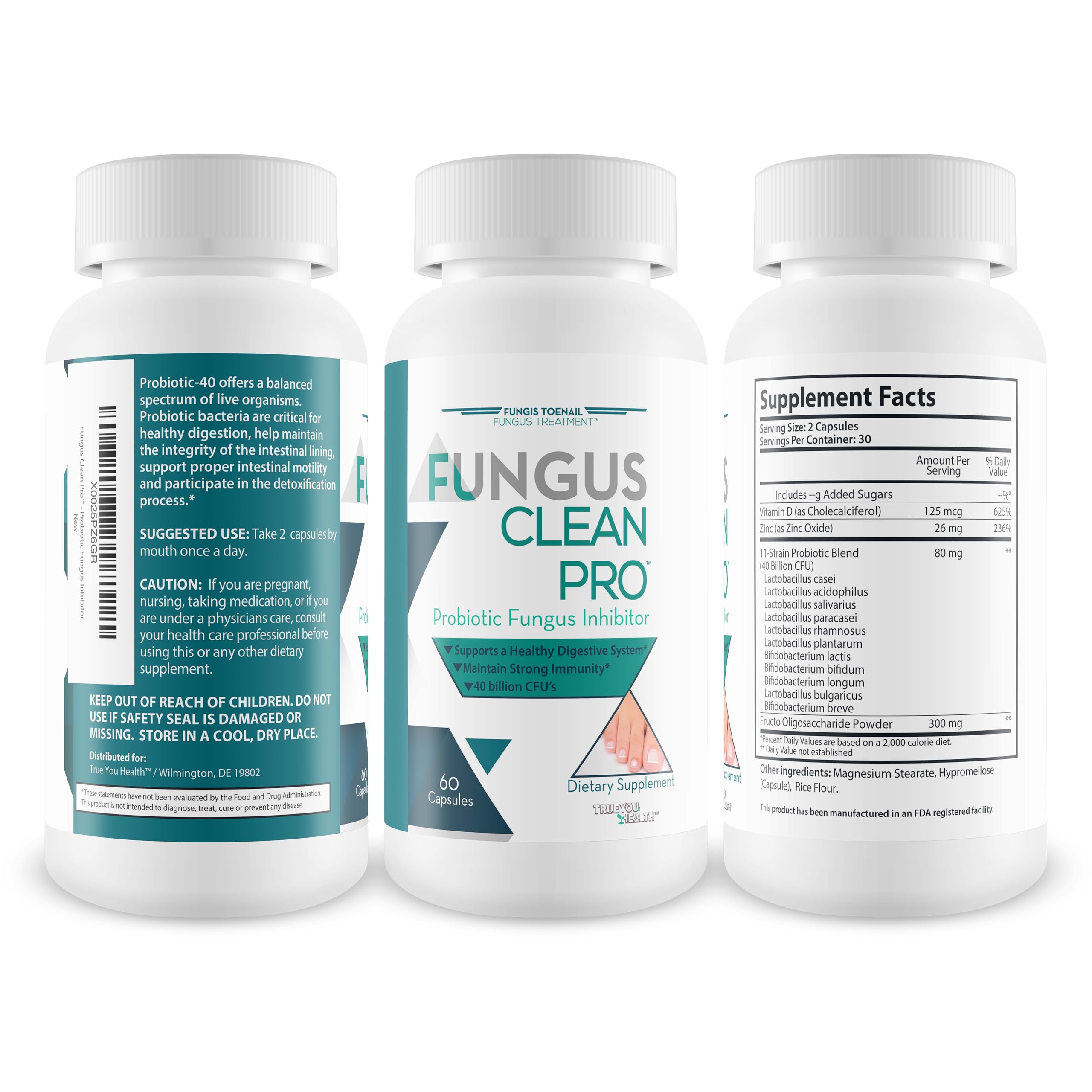 The Fungis Toenail Fungus Treatment capsules close-up show 40B CFU per serving for probiotic support.