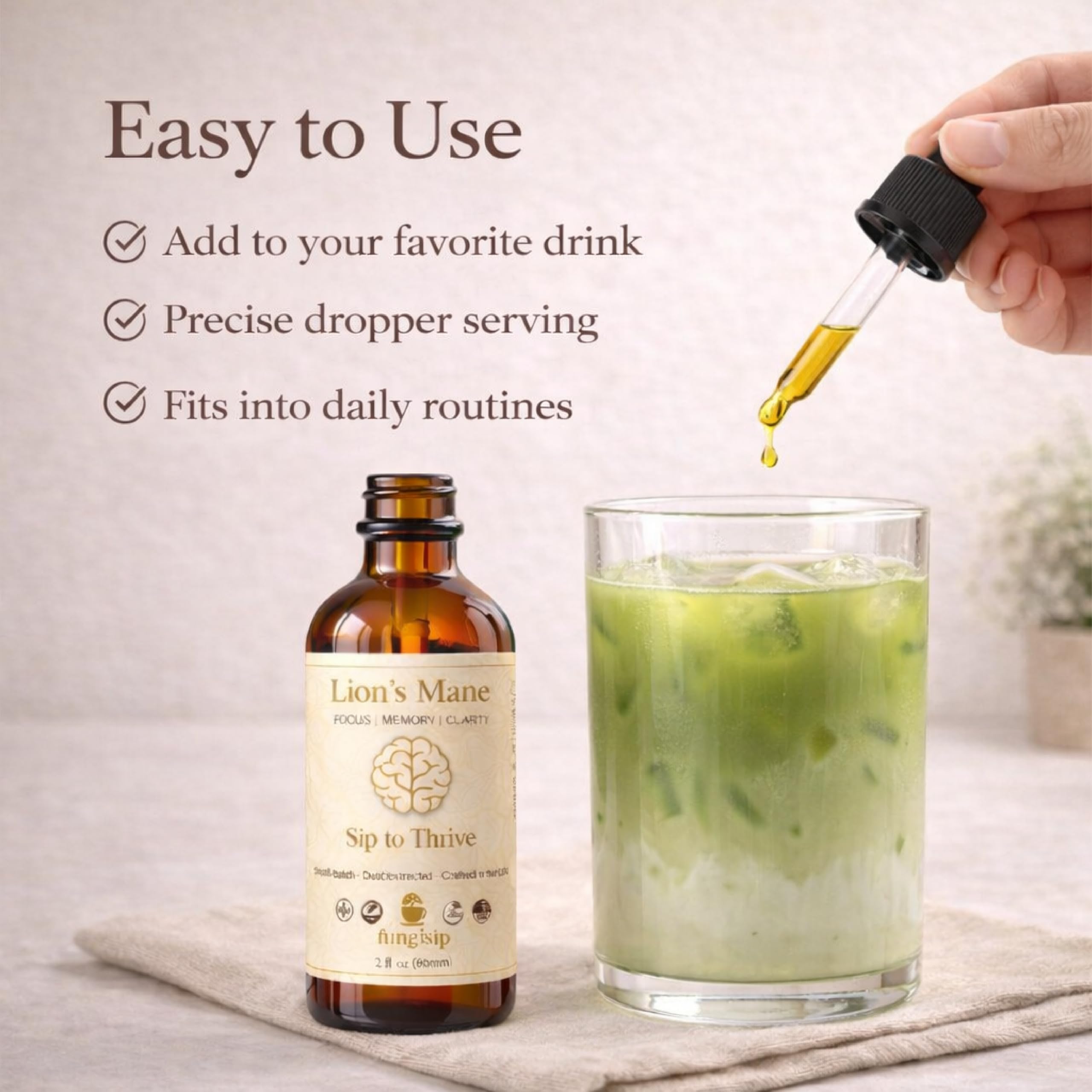 Clear bottle with label accessible for easy use during work.