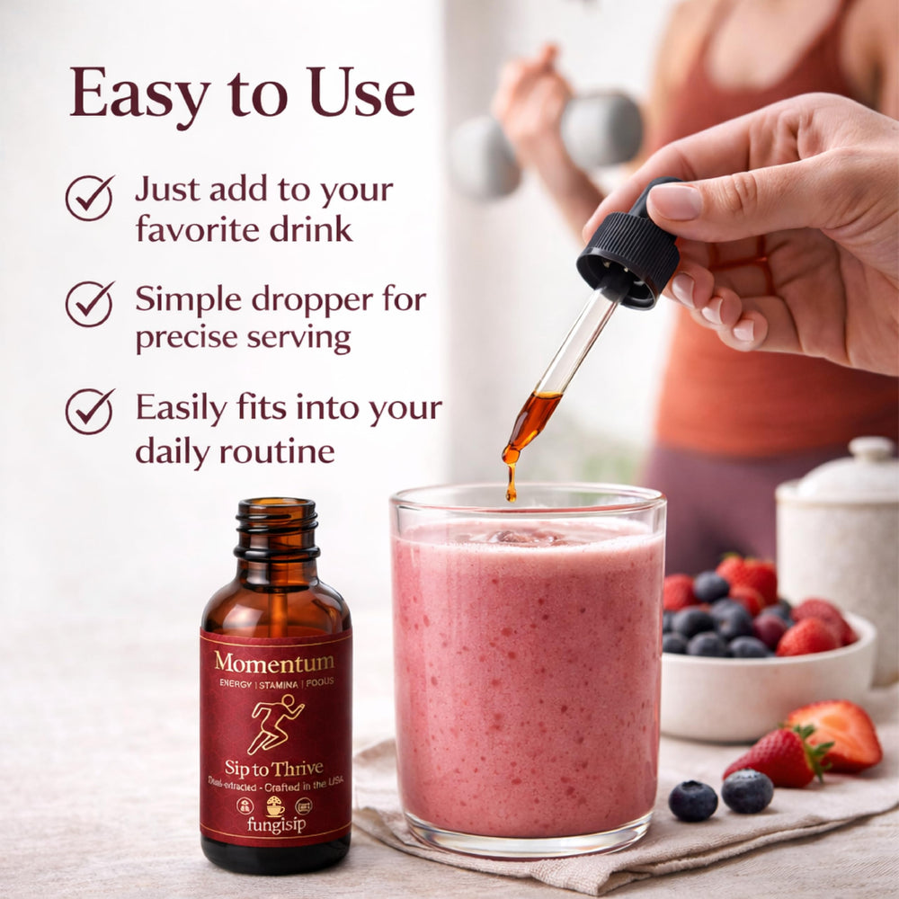 FUNGISIP Momentum dropper pour demonstrating easy daily dosing.
