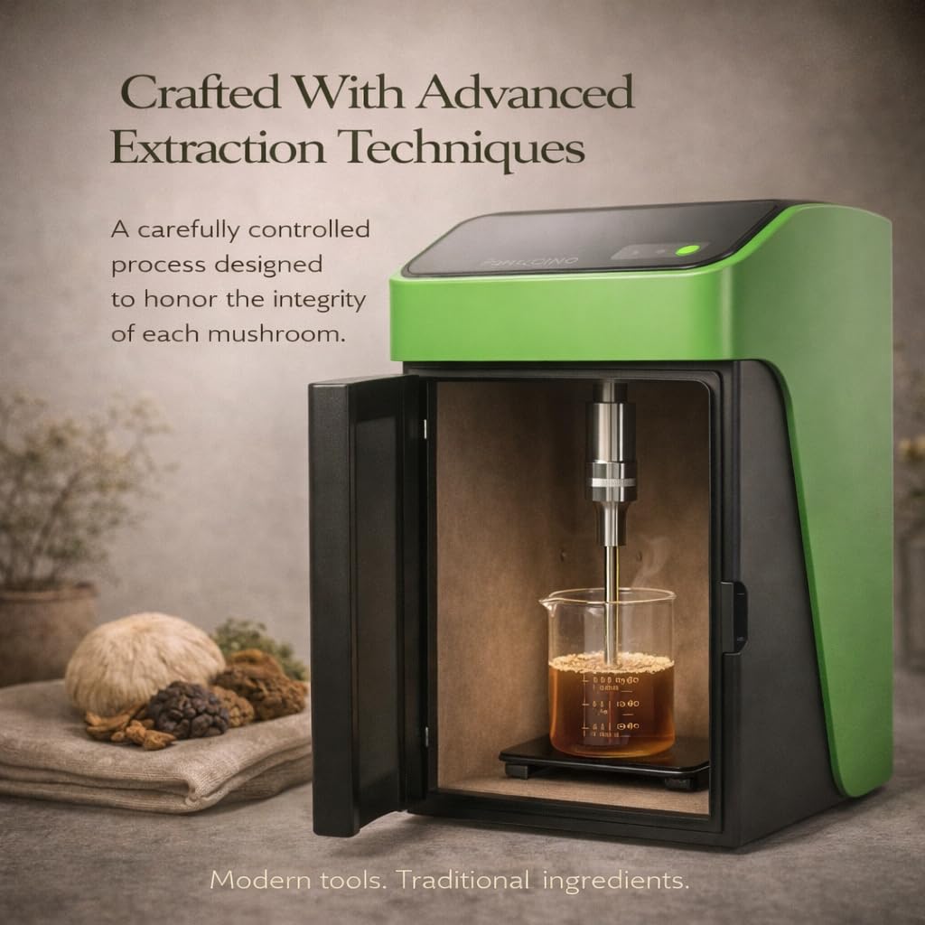 Fungoccino liquid extract shown next to spoon for easy dosing.