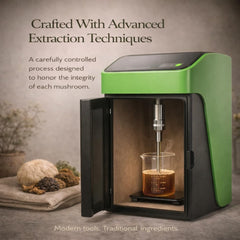 Fungoccino liquid extract shown next to spoon for easy dosing.