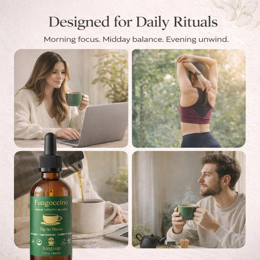 Fungoccino label detail communicates plant-based ingredients for mindful consumption.