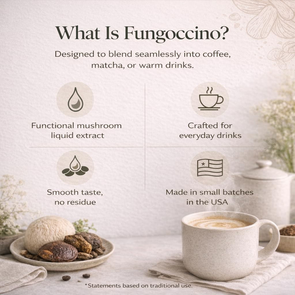 Fungoccino trio mushrooms liquid mix enhances everyday beverages with balanced notes.