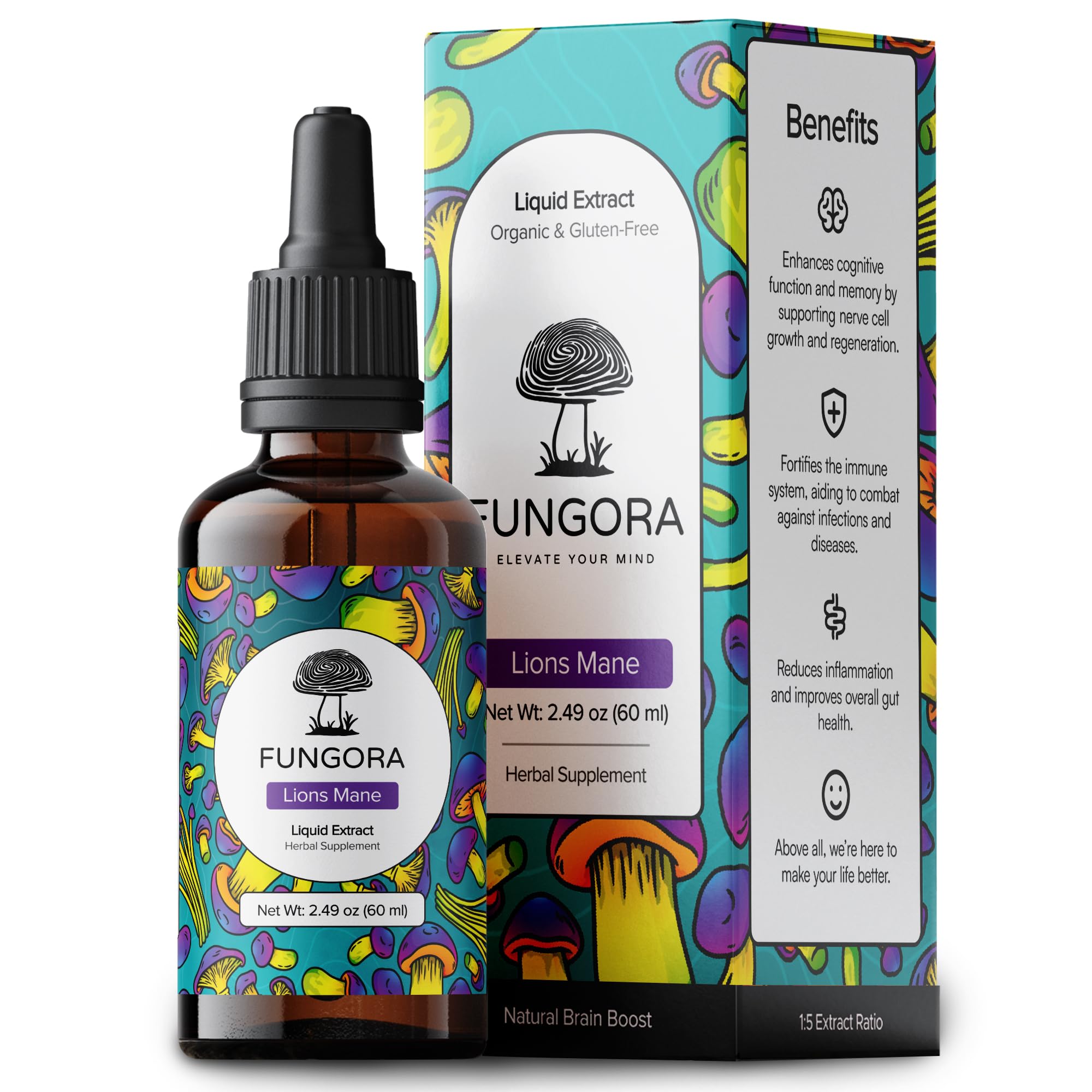 Fungora Lion's Mane liquid bottle for convenient daily focus support.