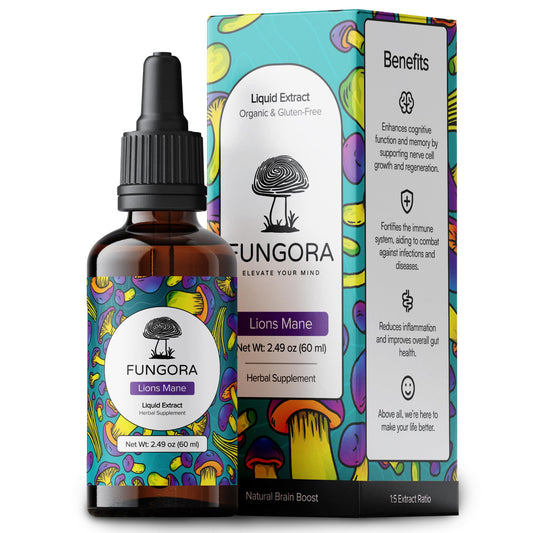 Fungora Lion's Mane liquid bottle for convenient daily focus support.