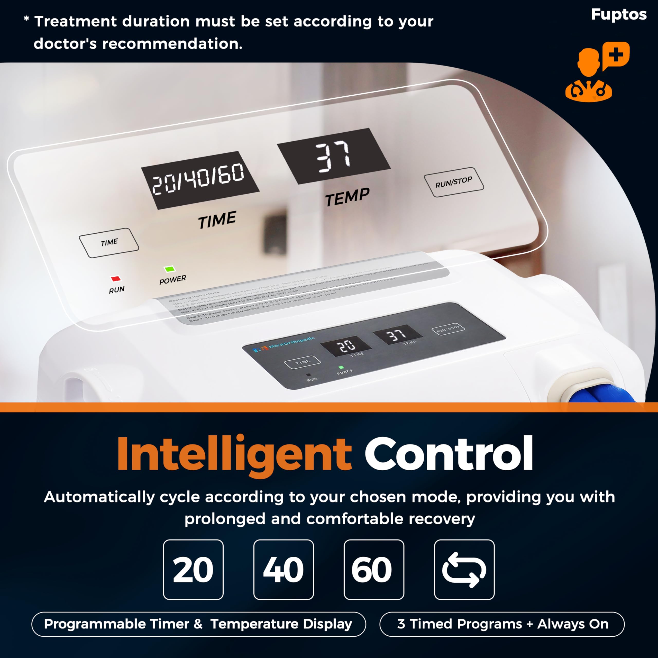 Fuptos cold therapy machine with digital timer during home recovery sessions.