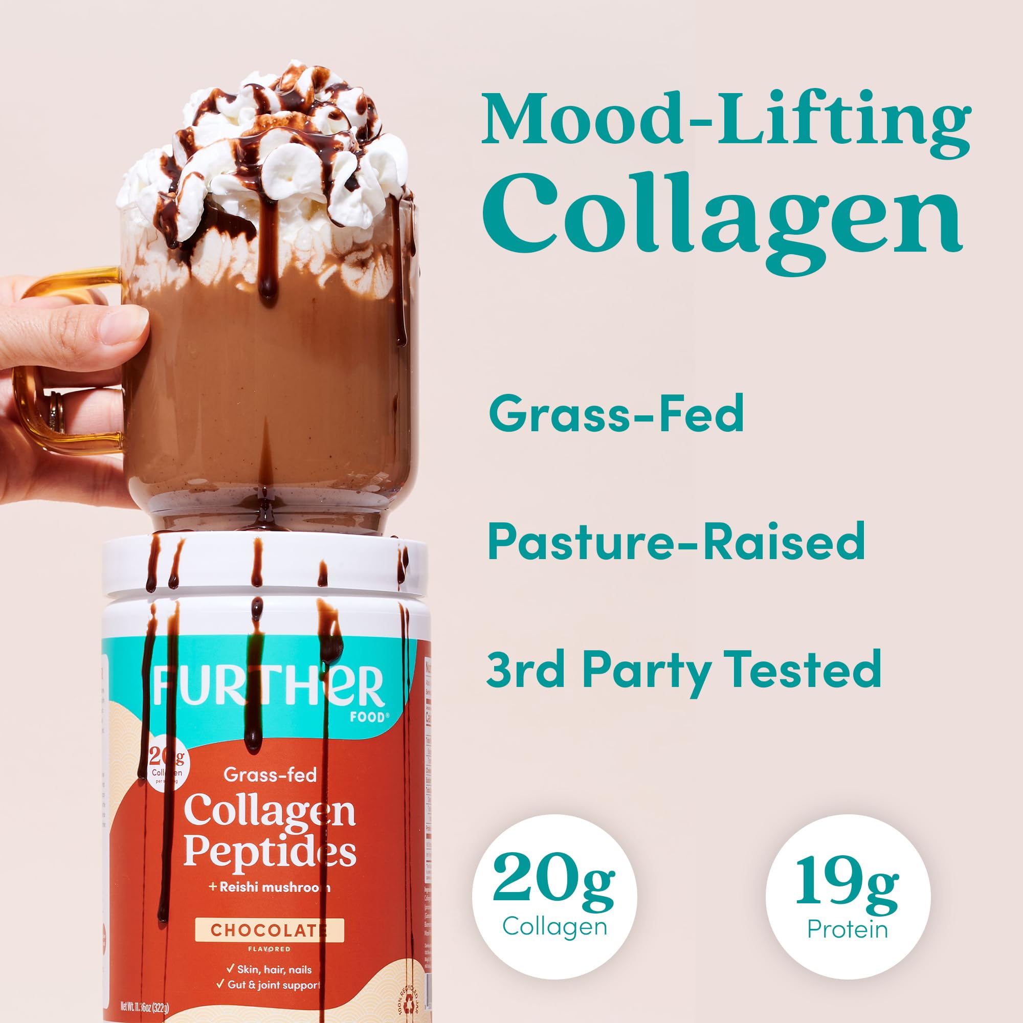 Scoop of Further Food chocolate collagen with Reishi powder for precise serving