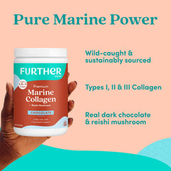 Further Food Chocolate Marine Collagen powder close up shows rich texture