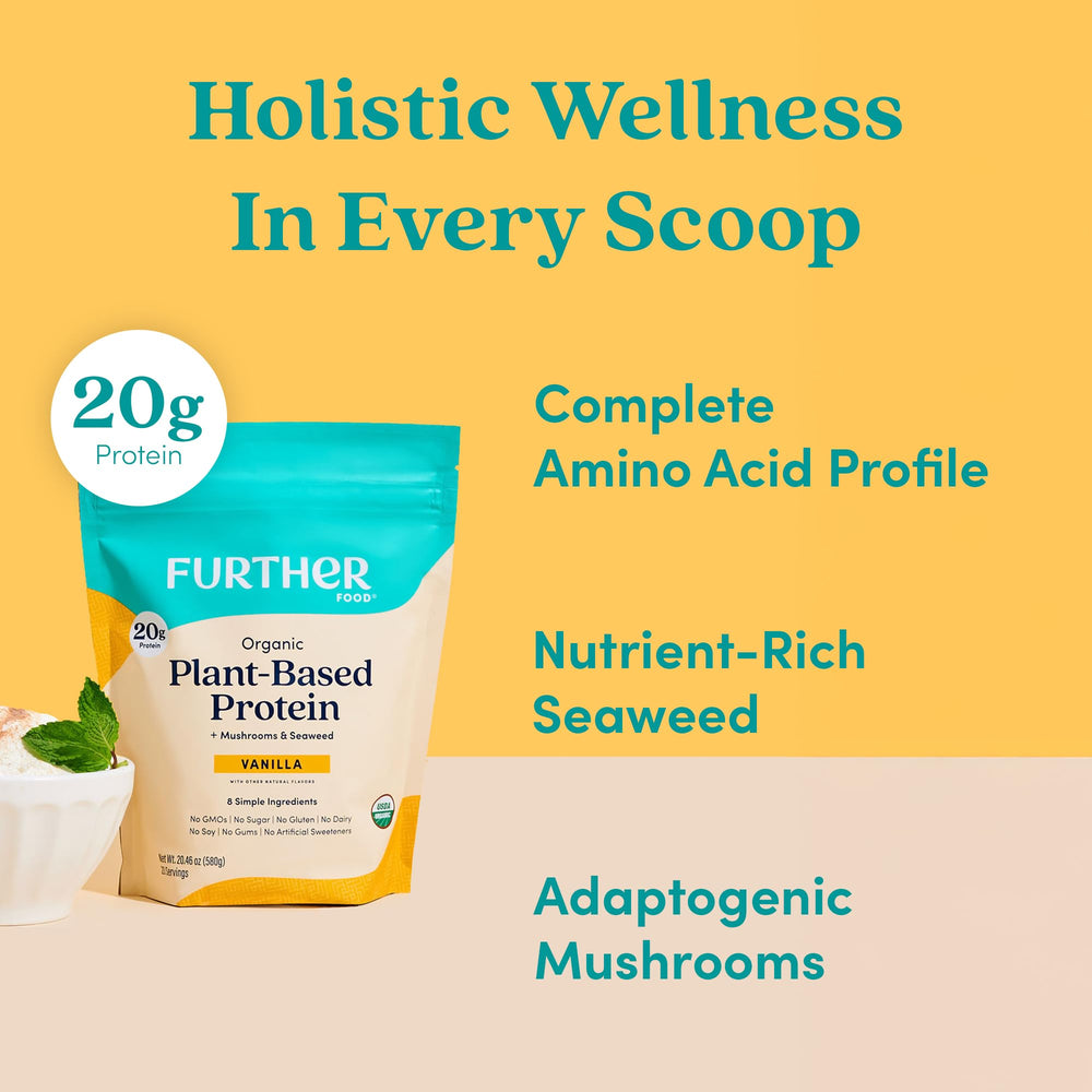 Further Food organic pea protein powder jar emphasizes organic quality and gluten-free options.