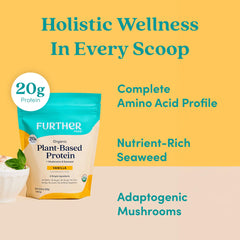Further Food organic pea protein powder jar emphasizes organic quality and gluten-free options.
