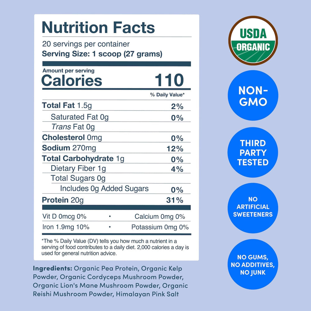 Further Food protein with mushrooms and seaweed ingredients shown for enhanced daily energy.