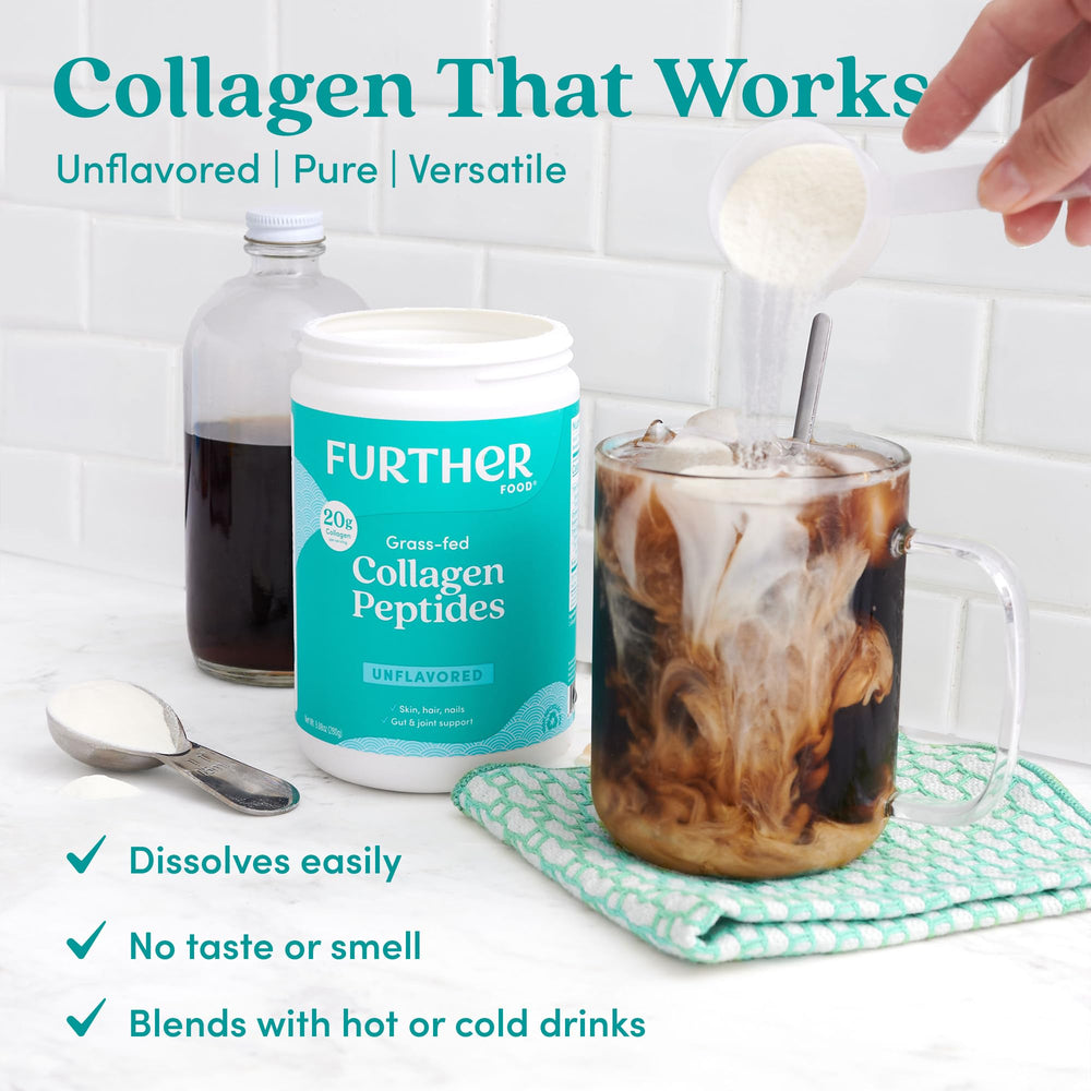 Further Food unflavored collagen dissolves in tea with minimal effort.