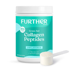 Further Food unflavored collagen powder jar highlights 20g serving and skin support.