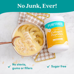 Further Food Vanilla Collagen Powder bottle label conveys clean, sugar-free nutrition.