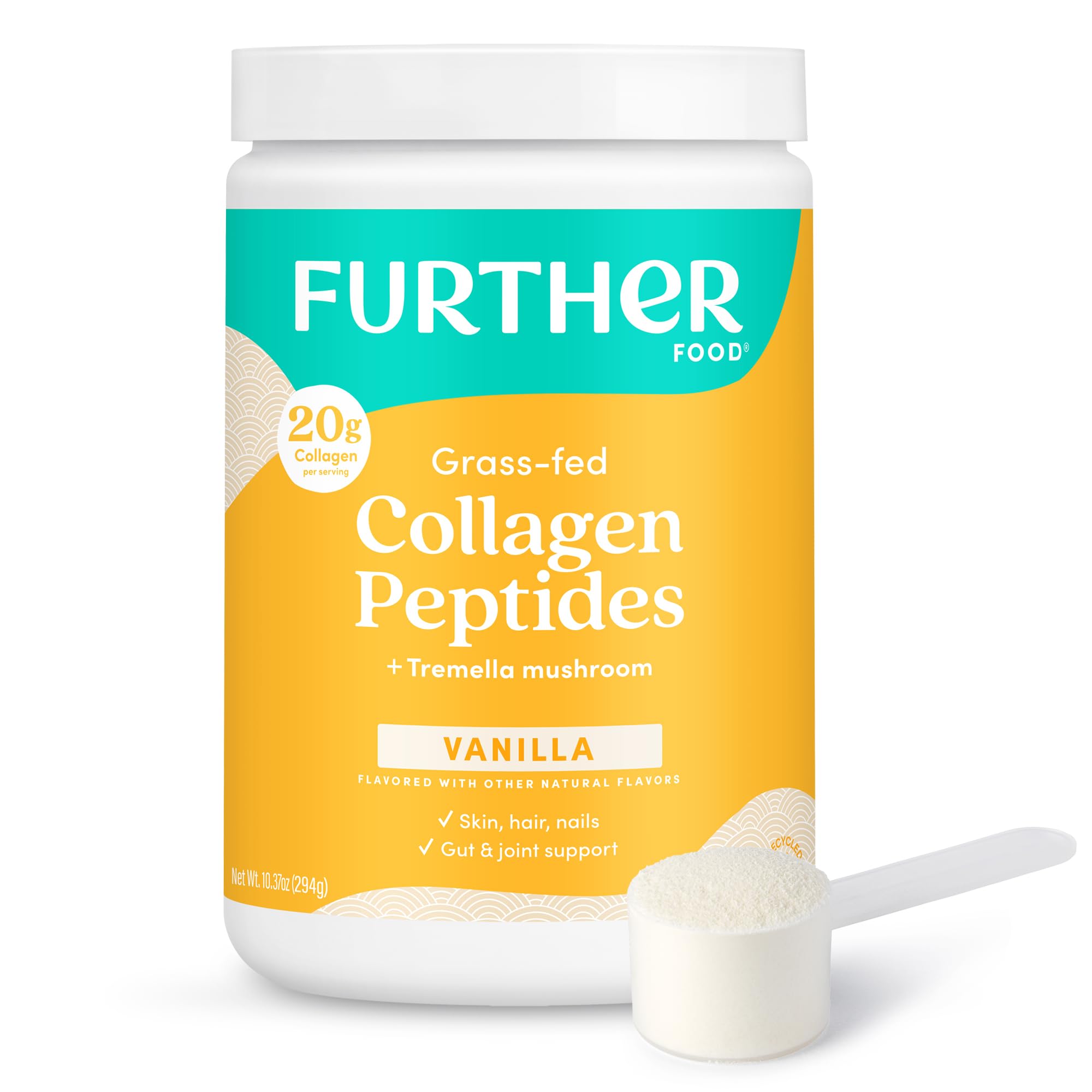 Further Food Vanilla Collagen Powder jar shows premium grass-fed formula for daily skincare support.