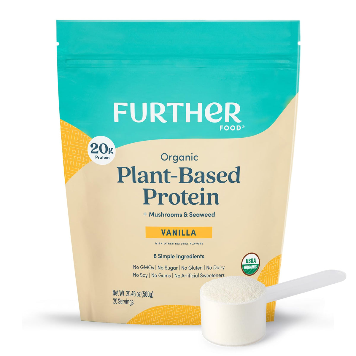 Further Food vanilla protein bottle showcases clean vegan nutrition for daily energy.