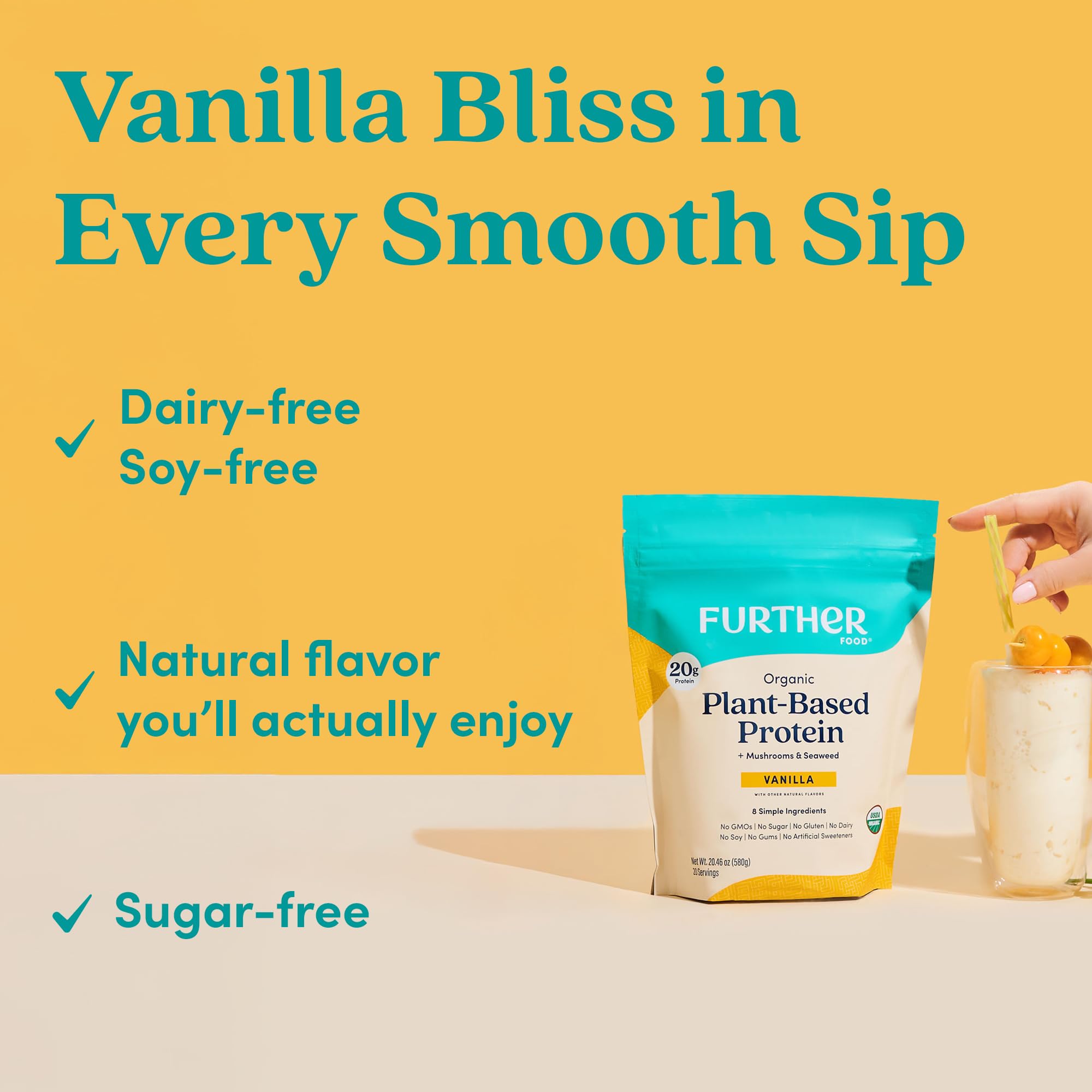 Further Food vanilla protein shake glass suggests smooth texture without grit.