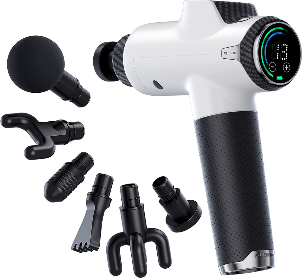 Fusion Black Pro massage gun with back attachment for targeted relief.