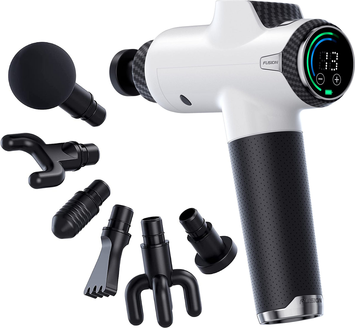 Fusion Black Pro massage gun with back attachment for targeted relief.