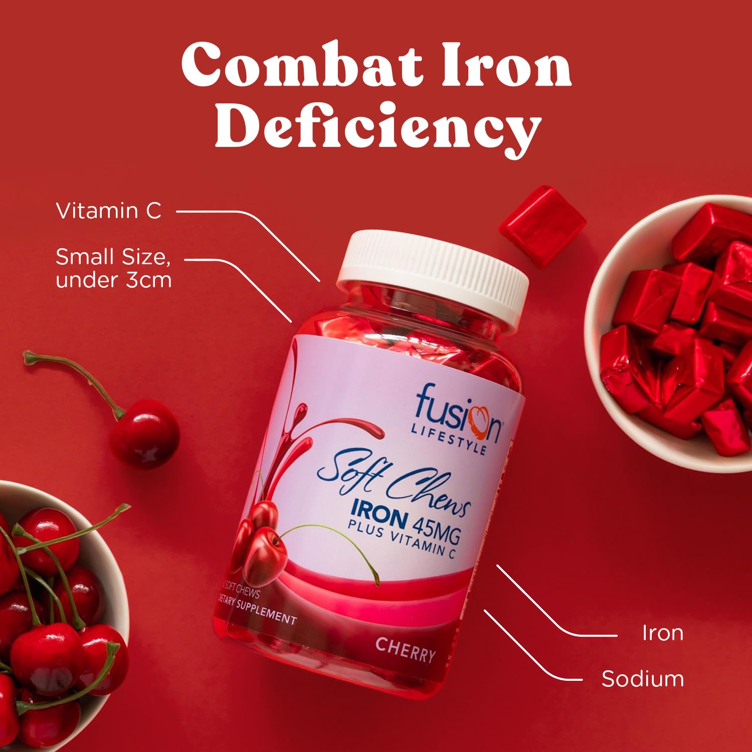 Cherry-flavored iron chew for on-the-go wellness.