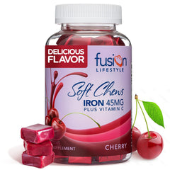 Fusion Lifestyle cherry-flavored iron chew pack for daily iron support.
