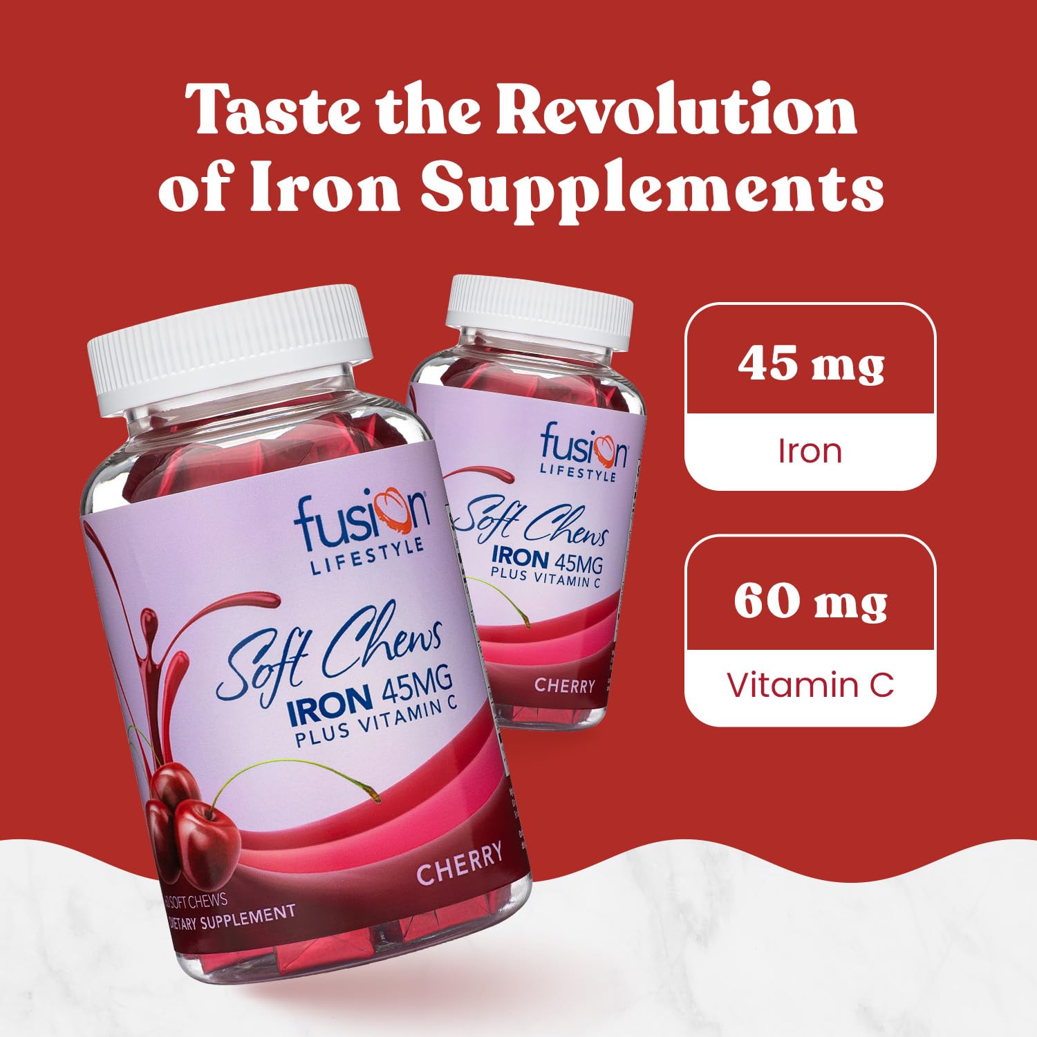 Close-up of Fusion Lifestyle cherry iron chew tablets for convenient use.