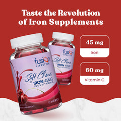 Close-up of Fusion Lifestyle cherry iron chew tablets for convenient use.
